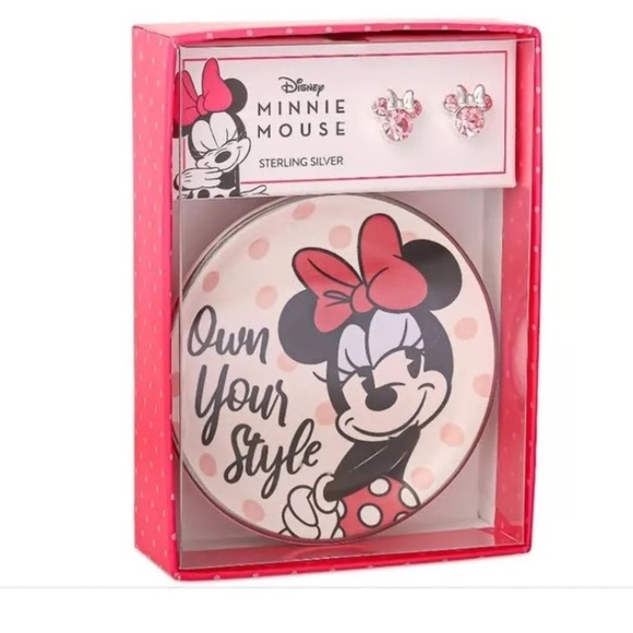 NWT 925 Sterling Minnie Mouse pink crystal earrings w/dish - Picture 3 of 5